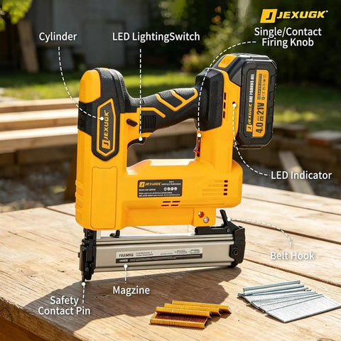 Cordless Brad Nailer 18 Gauge Electric Finish Nail Gun With Two High Capacity Batteries And 200 Piece Kit showcasing features like LED indicator and magazine.