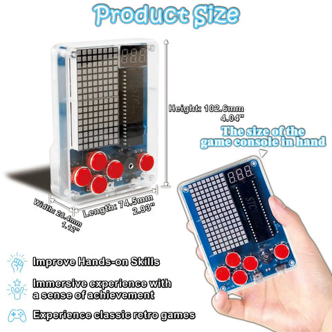 Hands On Soldering Practice Kit For A DIY Game Device With Four Classic Style Games Beginner STEM Learning Kit showing product size