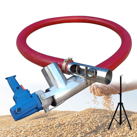 All In One High Capacity Animal Feed Conveyor And Grain Auger for farms showing grain transfer with red hose and bracket