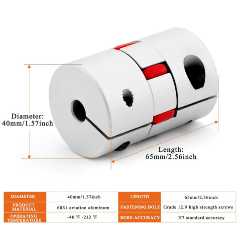 D40xL65 Aluminum Shaft Coupling 8mm to 12.7mm Beefy Flexible Spider Coupler, showing dimensions and material details