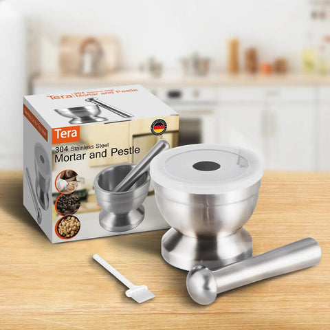 18/8 Stainless Steel Mortar And Pestle Set With Brush, Pill Crusher, Spice Grinder, Herb Bowl, and Pesto Powder Grinder