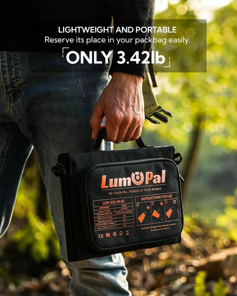 Person holding 60W Foldable Portable Solar Panel Charger with PD USB C QC3.0 USB A Outputs Waterproof and lightweight for camping.