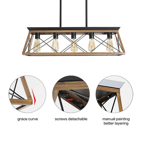 Farmhouse Five-Light Linear Pendant Chandelier For Dining Room And Kitchen Island with walnut finish, solid steel structure