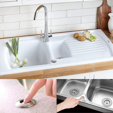 Stainless Steel Brushed Nickel Garbage Disposal Air Switch Kit with dual outlet shown on sink with top mount button