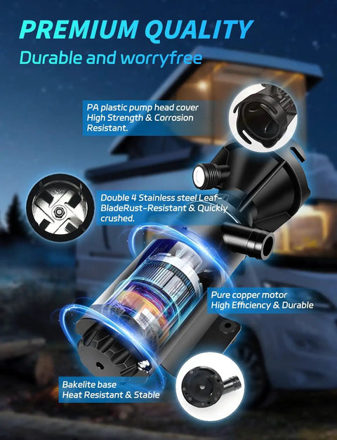 12V RV Macerator Pump With 3 Inch Large Port, 12 GPM Flow, lightweight design showcasing stainless steel cutter and motor features.