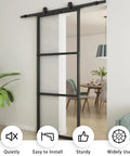 42-Inch By 84-Inch Glass Barn Door With Tempered Clear Glass installed in a living space, showcasing pre-drilled carbon steel frame and sliding panel.