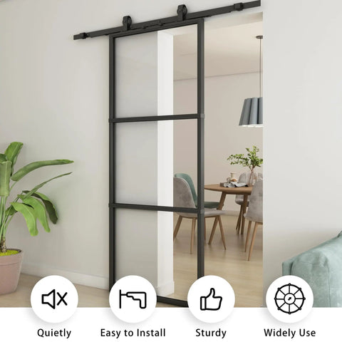 42-Inch By 84-Inch Glass Barn Door With Tempered Clear Glass installed in a living space, showcasing pre-drilled carbon steel frame and sliding panel.
