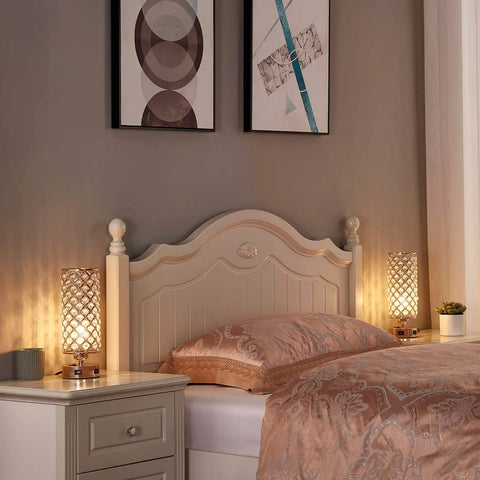 Gold Crystal Bedside Lamps Set Of 2 With Dual USB Charging Ports on a bedside, illuminating a cozy bedroom setup.