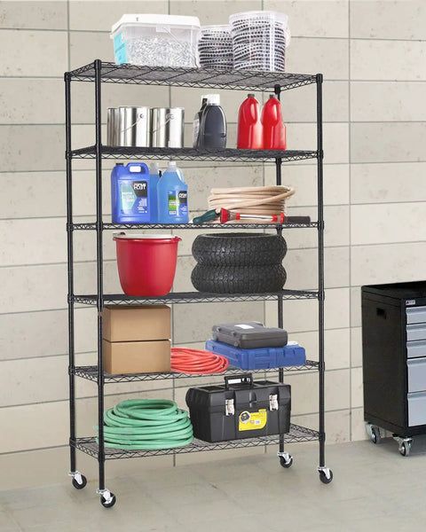 Workhorse Heavy Duty Six Tier Wire Shelving Cart With Smooth Glide Casters Garage Storage Rack Adjustable Metal Shelf Organizer Utility Rack 2100 Lbs Capacity 18x48x82 Black
