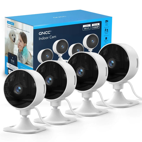4 pack 2.4GHz Indoor Security Camera System 1080P Home Surveillance Kit with motion detection, two-way audio, night vision shown.