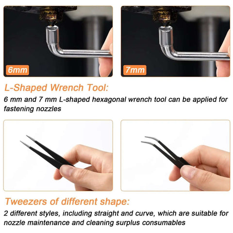 L-shaped hexagonal wrench tools and different shaped tweezers from 50 Piece 3D Printer Nozzle Cleaning Kit With MK8 Nozzles And Cleaning Needles