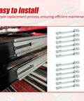 12 Pcs Early 2-Inch Double Loop Drawer Slide Retaining Clips For Toolbox Drawers Heavy Duty Universal Fit Replacement Keeper Clips For Most Metal Tool Boxes And Cabinets shown next to toolbox drawer installation.