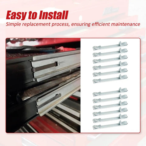 12 Pcs Early 2-Inch Double Loop Drawer Slide Retaining Clips For Toolbox Drawers Heavy Duty Universal Fit Replacement Keeper Clips For Most Metal Tool Boxes And Cabinets shown next to toolbox drawer installation.