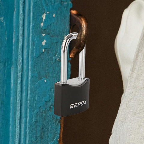 All Weather Outdoor Padlock Set Keyed Alike, solid steel lock securing blue door, black cover visible