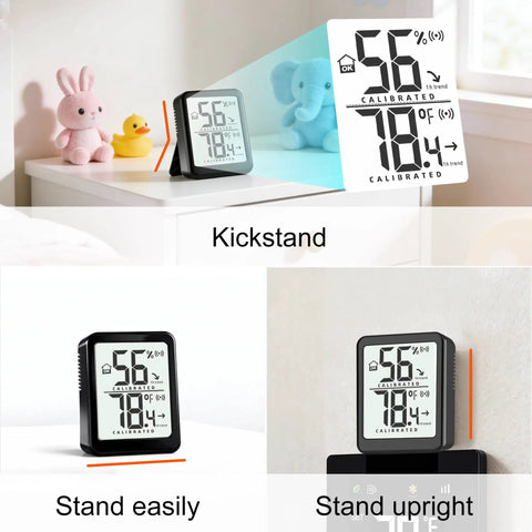 Two Pack Indoor Thermometer And Humidity Monitor With Digital Temp And Humidity Gauge, Real Time Readouts, Battery Included, Ideal For Home, Baby Nursery, Reptile Enclosures, And Greenhouses, black kickstand display