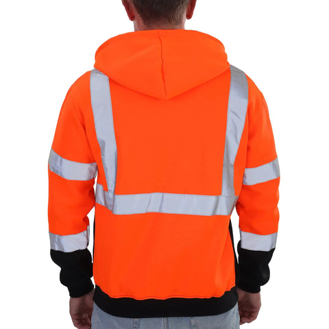Back view of High Visibility Class 3 Reflective Zippered Hooded Safety Sweatshirt For Men With Padded Lining Stain Resistant Fabric