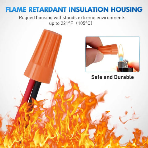Image of Pro Grade Wire Screw Caps Terminals Kit 220 Pcs 5 Size Electrical Assortment With flame retardant orange cap resisting fire.