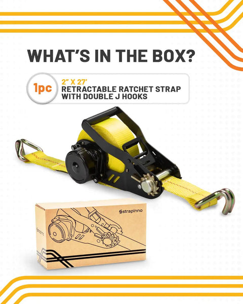 Retractable Ratchet Tie Down Strap 2 Inch By 27 Foot Heavy Duty with Double J Hooks beside packaging box