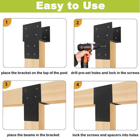 2 Pack 6 By 6 Inch Internal 5.5 By 5.5 Inch Stainless Steel Post Cap Tie Brackets Kit, Heavy Duty Wood Beam Support Bracket For Connecting Wood Beams To Pergolas, Decks, And Patio Posts, 14 Gauge Black