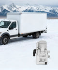 12V 5000W Diesel Cabin Heater Complete Kit With Efficient Air Ducting And Remote Control For RV Vans And Trucks Delivering Quiet Bangin Heat On The Go in snow beside a truck.