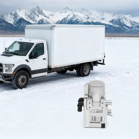 12V 5000W Diesel Cabin Heater Complete Kit With Efficient Air Ducting And Remote Control For RV Vans And Trucks Delivering Quiet Bangin Heat On The Go in snow beside a truck.