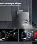 Solar Powered Outdoor Security Camera Kit With 2 4GHz WiFi 360 Degree PTZ Spotlight And Siren shown with color night vision.
