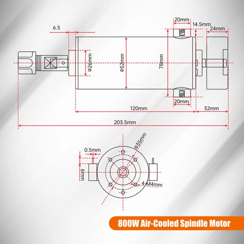 Technical diagram of Air Cooled CNC Spindle Motor 800W 110V ER11 52mm Collet 20000RPM 0.79Nm dimensions and design