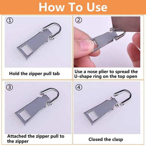 Instructional steps to use Gold Metal Zipper Pull Replacement for Luggage, Suitcase, Backpack, Jacket, Coat, Boots.