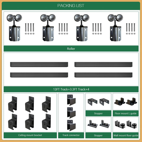 Beefy 13Ft Industrial Grade Black Double Door Track Kit For Exterior Sliding Barn Doors, components layout, 300 lbs support