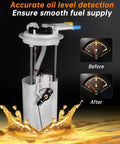 Electric Fuel Pump Assembly E3518M Replacement For Buick Park Avenue LeSabre Cadillac DeVille Seville Oldsmobile Aurora Pontiac Bonneville 3.8L V6 4.6L V8 3.5L V6 Fits 1998-2005 Models Direct Fit No Fuss Install pump with before and after fuel gauge images