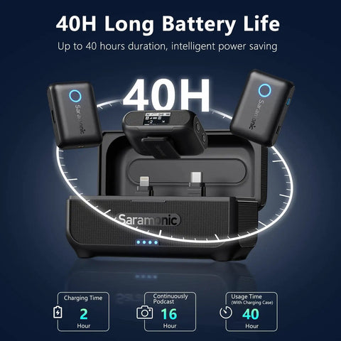 2-Person Wireless Lavalier Microphone System For iPhone, Cam, And Android With 40 Hour Battery Life in charging case