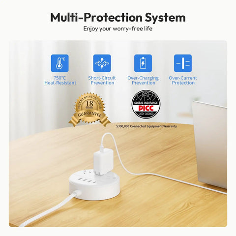 Flat Plug Power Strip With USB Ports And Wall Mount For Dorm And Office Use, Compact Nightstand Charging Station on desk