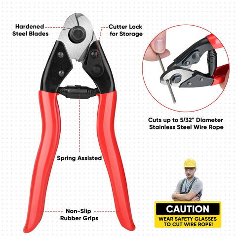 Red-handled cutter featured in One Eighth Inch Black Stainless Steel Deck Cable 300 Ft With Cutter Built Tough Heavy Duty Wire Rope