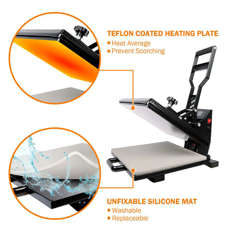 15x15 Inch Digital Sublimation Heat Press Machine Industrial Grade T Shirt Printer 1400W showing teflon coated heating plate and removable silicone mat.