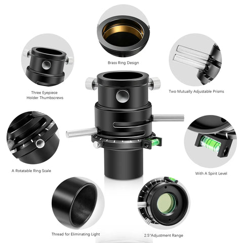 1.25 Inch Atmospheric Dispersion Corrector ADC For Telescopes With Apochromatic Correction Reduces Color Fringing And Boosts Sharp Planetary And Moon Images Anti Reflection Coated Optics Handy Bubble Level Accessory with adjustable prisms and thumbscrews
