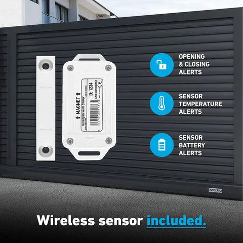 Wireless sensor included with Smart Gate Opener Lite With App Control And Wireless Sensor, showing alerts display on gate