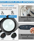 5X Real Glass Floor Magnifier With Light And Stand, Ultra-Bright 56 LED Lamp, touch switch details for hands-free control