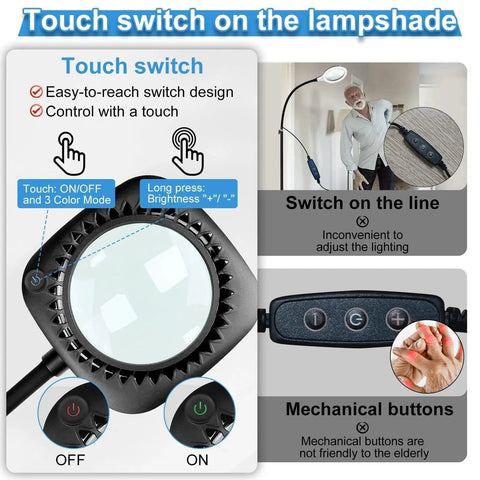 5X Real Glass Floor Magnifier With Light And Stand, Ultra-Bright 56 LED Lamp, touch switch details for hands-free control