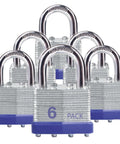 Keyed Alike Laminated Steel Padlocks With Standard Shackle For Hasps, Sheds, Fences, Storage Lockers, Schools, Gyms, And More, Heavy Duty Beefy Indoor Outdoor Locks Built To Last, 6 Pack image showing six sturdy silver laminated locks with blue bases and hardened shackles.