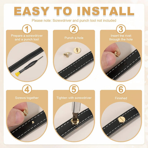 Step-by-step installation guide for Top Tier Brass Chicago Screw Rivets M4x25mm Phillips Head Studs for DIY projects.