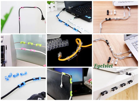 Collage of self-adhesive cable clips organizer for cord management, transparent clips holding cables up to 0.27 inch diameter.
