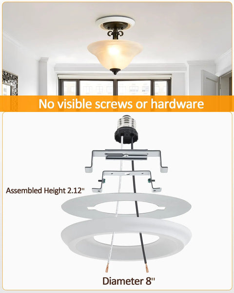Recessed Can Light Conversion Kit For 5 Inch And 6 Inch Ceiling Fixtures With E26 Socket Plus White Round Ceiling Medallion showing assembled height and diameter details.