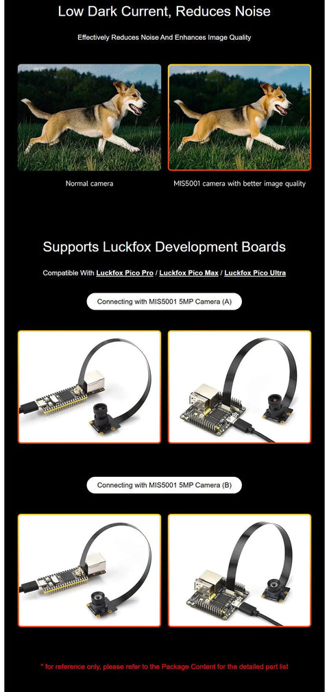 MIS5001 5MP camera module connected to Luckfox Pico boards, showcasing low dark current and high sensitivity for top-notch low light imaging.