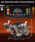 Mini V8 Engine Model Kit That Runs With 770 Piece Motorized Build Set And Lights displayed with app controls and dimensions