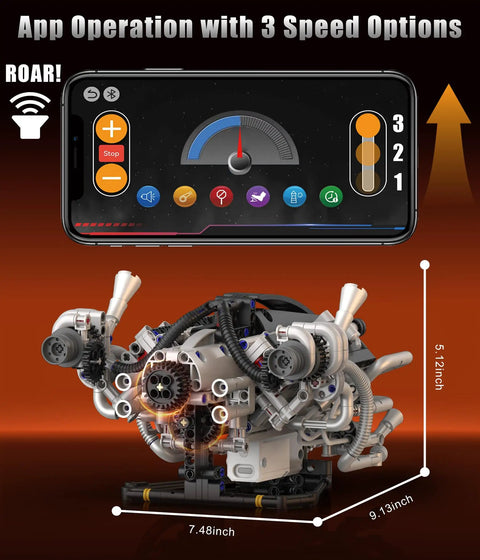 Mini V8 Engine Model Kit That Runs With 770 Piece Motorized Build Set And Lights displayed with app controls and dimensions