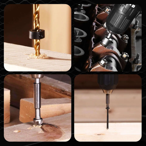 Workpro drill bit set front view: titanium twist bits drilling into wood
Workpro drill and screwdriver bit set side view with drill chuck and bits
Workpro drill bit set close-up: bit cutting into wood with sawdust
Workpro screwdriver bit set in action driving a screw into wood