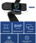 Diagram showing 4K Ultra HD Webcam with Dual Mics, 360-degree rotation, 90-degree tilt, wide-angle lens, autofocus, for PCs and laptops.