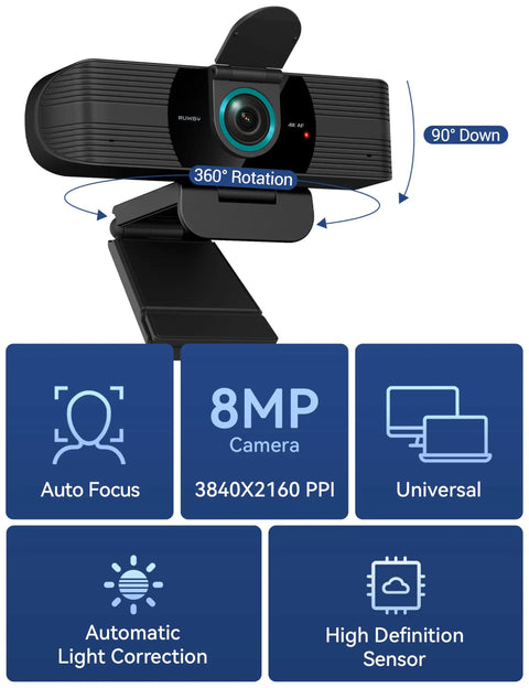 Diagram showing 4K Ultra HD Webcam with Dual Mics, 360-degree rotation, 90-degree tilt, wide-angle lens, autofocus, for PCs and laptops.