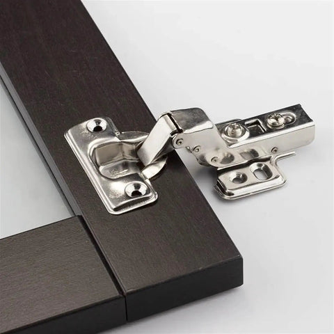 Close-up of Stainless Steel Hydraulic Hinge Core Damper Buffer Cabinet Hinges on a dark wood cupboard door frame