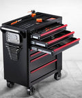Beefy Heavy Duty Steel Tool Box With 7 Lockable Drawers, Rolling Tool Cabinet for workshop, side view with open drawers
